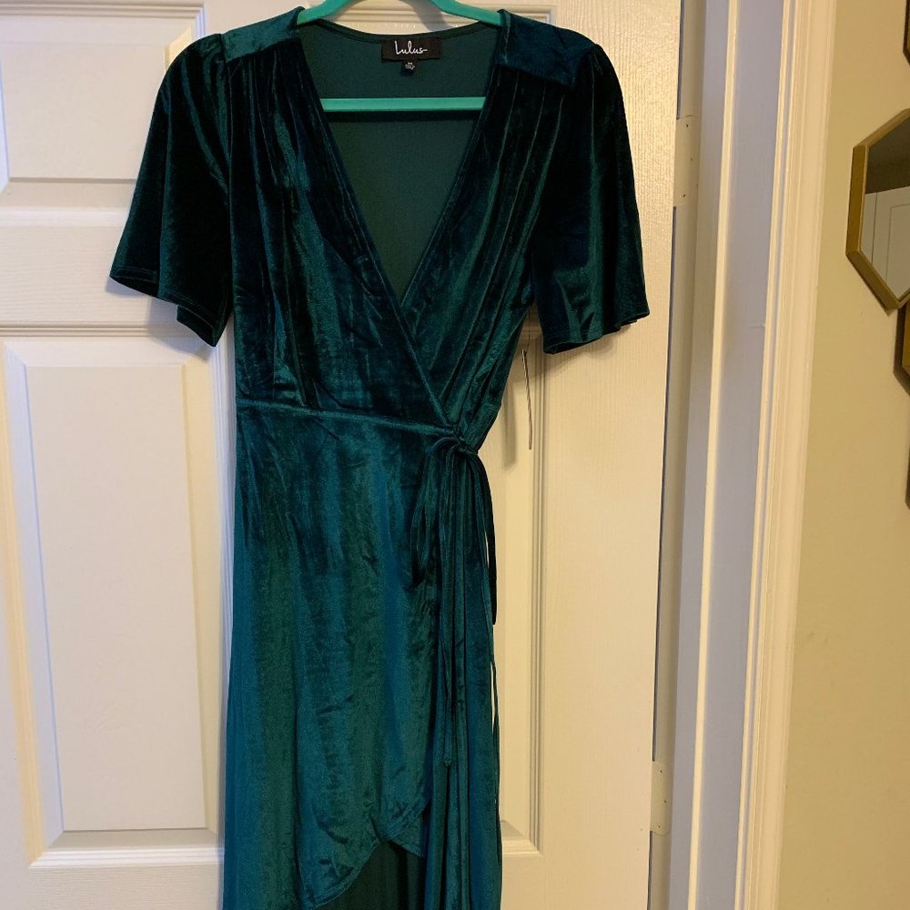 Lulu’s Amour Teal Green Velvet High-Low Wrap Dress